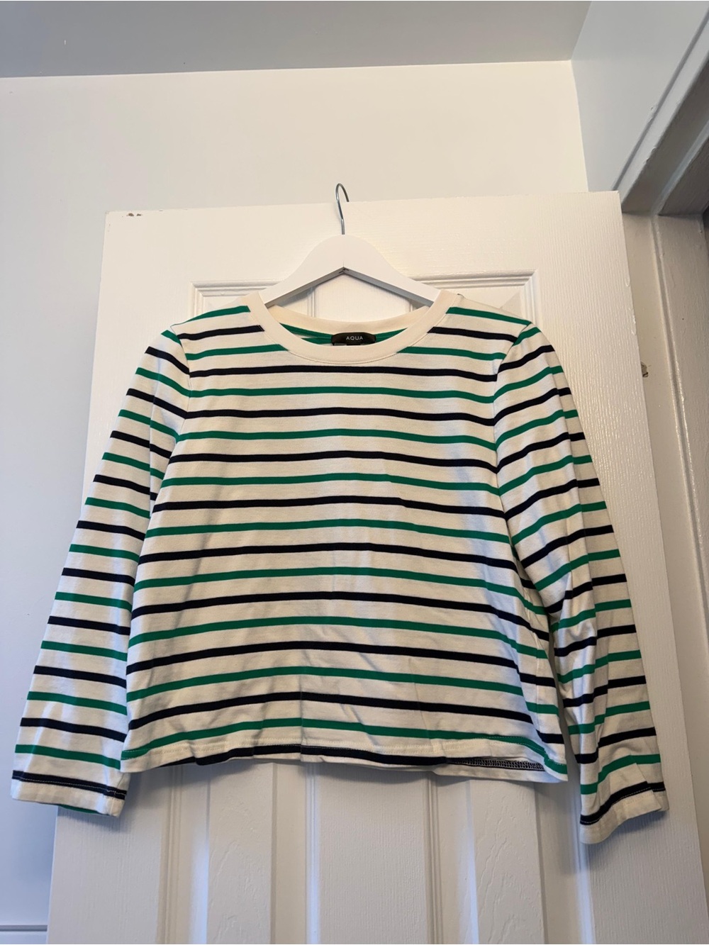 Aqua Striped Long-Sleeve Tee in White, Navy & Green